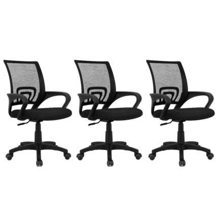 Lot de 3 chaises de bureau ergonomiques en maille – accoudoirs, support lombaire, hauteur réglable, dossier mi-haut, roulettes – noires