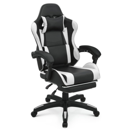 Chaise gamer Ergonomique Pro – Repose-Pieds Rétractable & Coussin Lombaire - Blanc