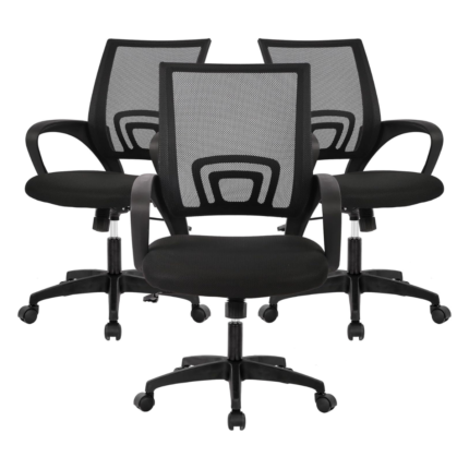 Lot de 3 chaises de bureau ergonomiques en maille – accoudoirs, support lombaire, hauteur réglable, dossier mi-haut, roulettes – noires